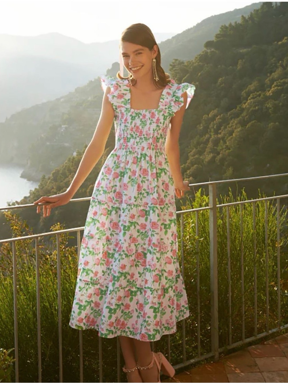 Hill House Floral Smocked Midi Dress in Pink & Green
